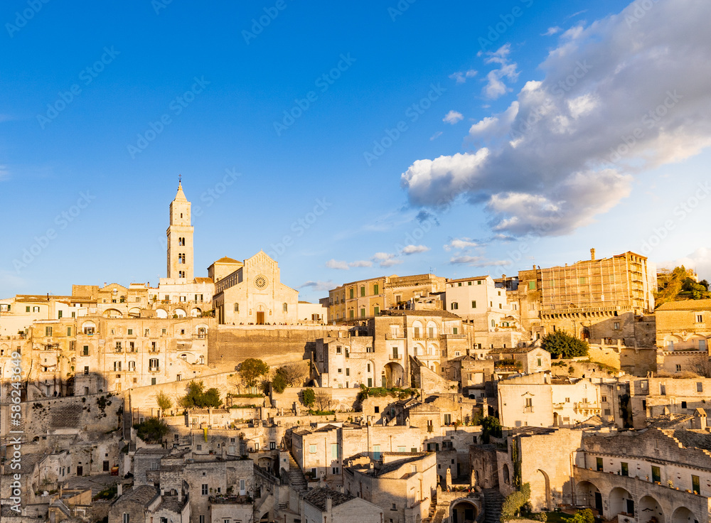aerial view of the church of Saint Francis of Assisi in the historic center in the city of matera, basilicata, italy