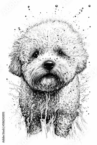 Bichon Frise Dog Ink Drawing In Splash of Inked Black and White Animal Intricate Details Artwork generative ai photo