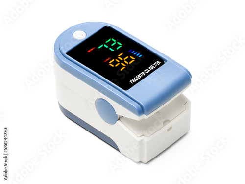 Pulse oximeter device to measure pulse rate and oxygen levels isolated on white background photo