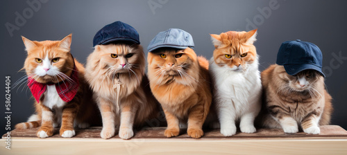 Portrait of a gang of cats dressed in human clothes posing for the camera. Studio shot. Generative AI