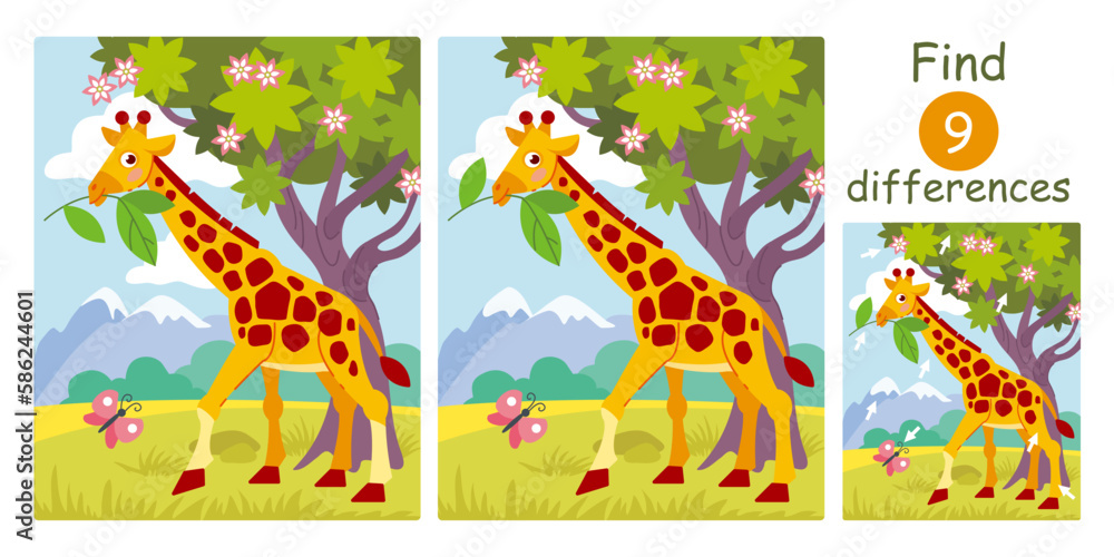 Find differences, education game for children. Cute cartoon giraffe, safari animals. Flat vector savannah illustration. 