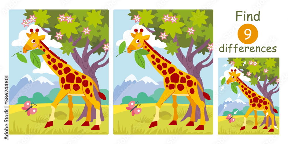 Fototapeta premium Find differences, education game for children. Cute cartoon giraffe, safari animals. Flat vector savannah illustration. 