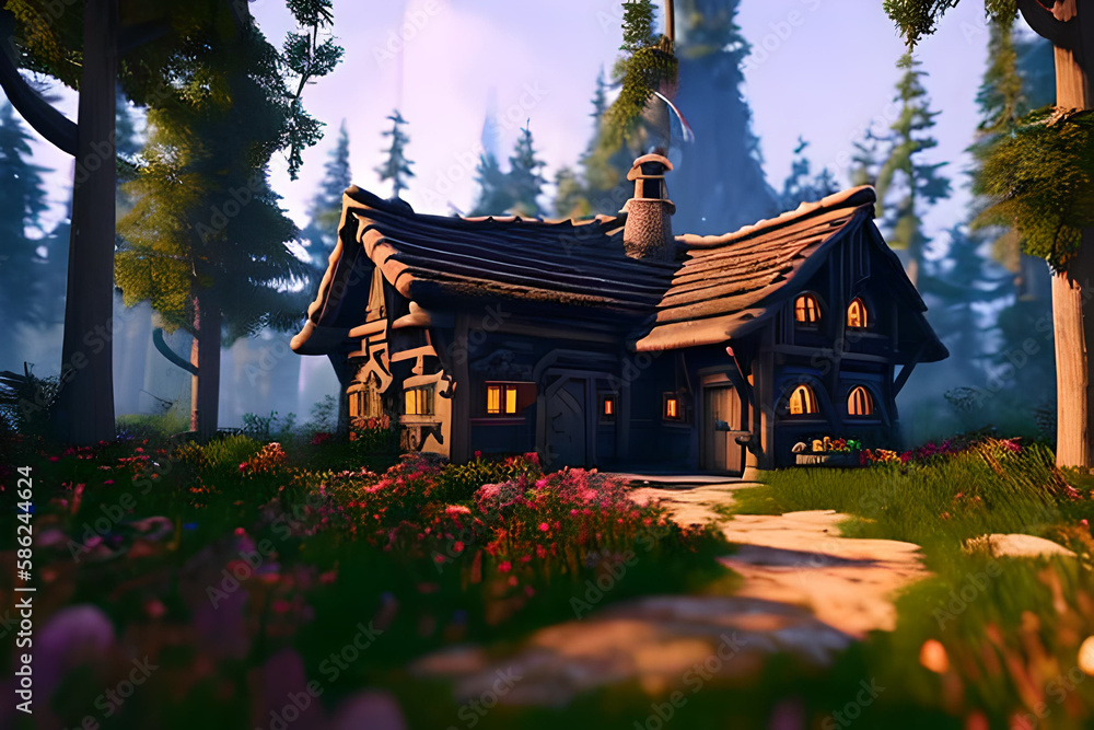 Obraz premium House in the middle of a fairy-tale forest, a very beautiful illustration. Cartoon style.