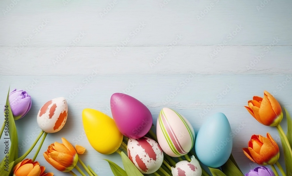 Easter holiday background with easter eggs and tulip - generative AI Easter holiday background with easter eggs and tulip - generative AI