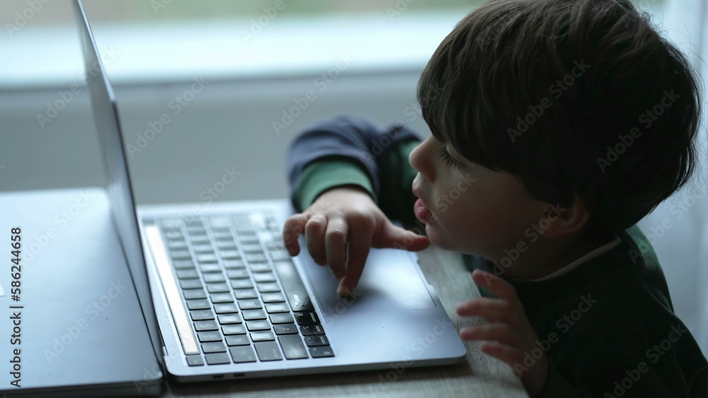 Small boy using laptop computer at home. Child in front of modern technology device Small boy using laptop computer at home. Child in front of modern technology device