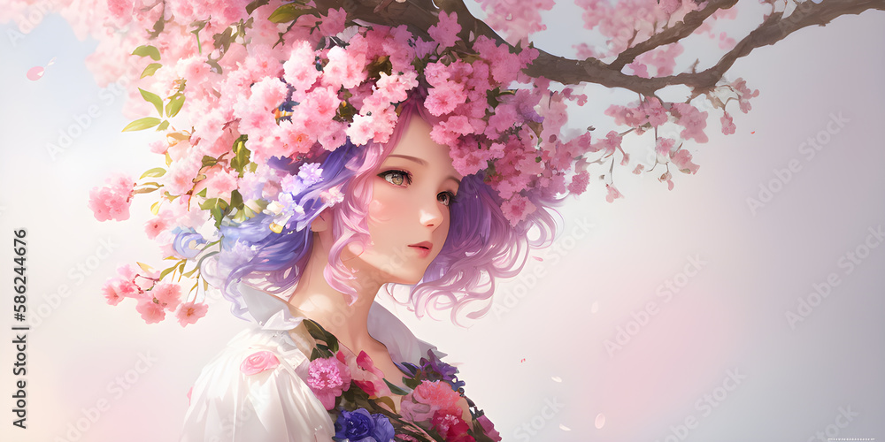 Fototapeta premium Illustration, a very beautiful girl, against the background of a tree with pink flowers.