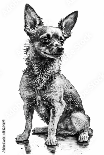 Chihuahua Dog Ink Drawing In Splash of Inked Black and White Animal Intricate Details Artwork generative ai © JFB Art Creation