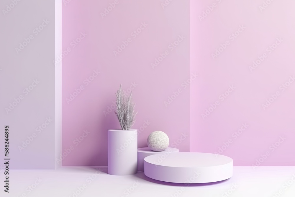 Empty podium mock up display, blank cosmetic ads stand product placement fashion ads on minimal lavender color background, pedestal mockup scene platform ai generative promotion concept.