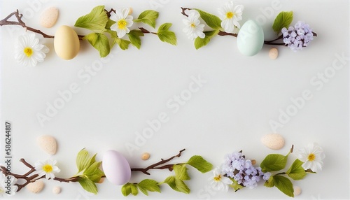 Flat easter background with spring flowers and eggs - generative AI