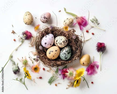 Easter still life with eggs and flowers. Happy Easter greeting card. AI generated illustration.