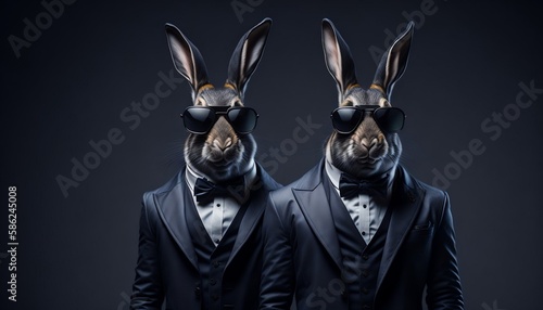 Bunny Business: Two Elegant Adult Rabbits in Formal Jackets and Sunglasses on a Photo Realistic Dark Color Background, generative Ai