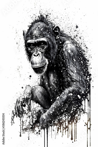Chimpanzee Ink Drawing In Splash of Inked Black and White Animal Intricate Details Artwork generative ai