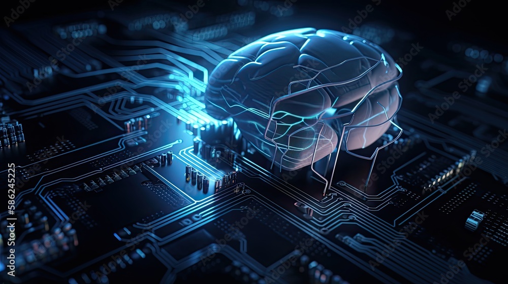 Brain-Connected, Modern Technology: Artificial Implants, Circuit Boards, and Digital Analysis HUDs in 3D Rendering: Generative AI
