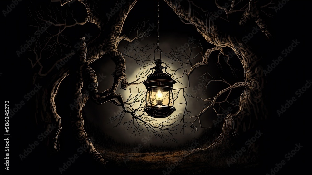 Fantasy Nightmare: A Lamp Hanging from a Dark Tree in an Eerie Landscape. Generative AI