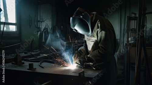Industrial Welder at Work: A Close Look at the Dangerous yet Rewarding Craft of Welding Metal in Manufacturing Processes, Generative AI