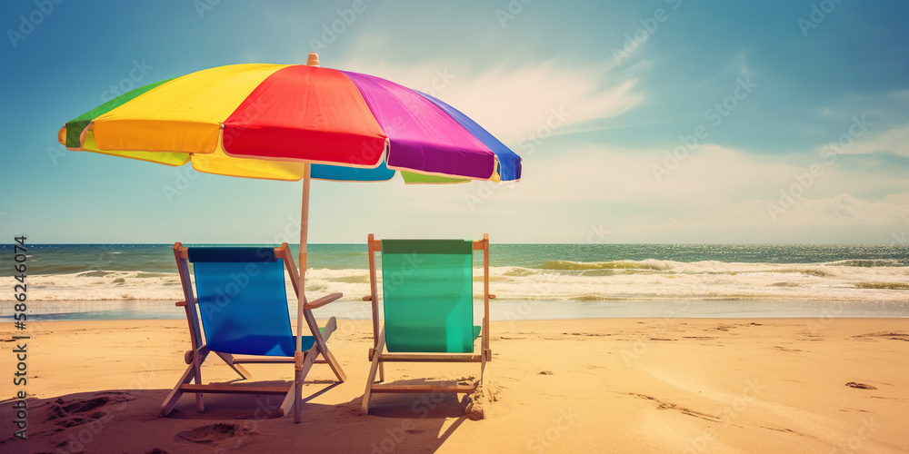 Beautiful beach banner. White sand, chairs and umbrella travel tourism wide panorama background concept. Amazing beach landscape - obrazy, fototapety, plakaty 