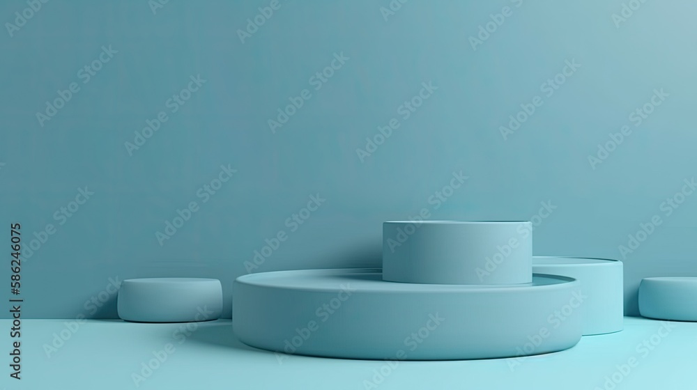 Empty podium, mock up placement display, blank beauty stand for cosmetic product fashion ads on minimal blue color background. Luxury pedestal stage mockup scene platform ai generative concept. Empty podium, mock up placement display, blank beauty stand for cosmetic product fashion ads on minimal blue color background. Luxury pedestal stage mockup scene platform ai generative concept.