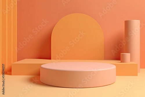 Empty podium, mock up placement display, blank beauty stand for cosmetic product fashion ads on minimal coral background. Luxury pedestal stage mockup scene platform ai generative concept. © Synthetica