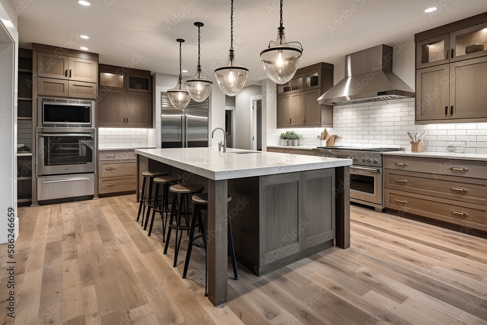 Beautiful kitchen in new luxury home with waterfall island, quartz counter tops, farmhouse sink, and hardwood floors. Generative AI Beautiful kitchen in new luxury home with waterfall island, quartz counter tops, farmhouse sink, and hardwood floors. Generative AI