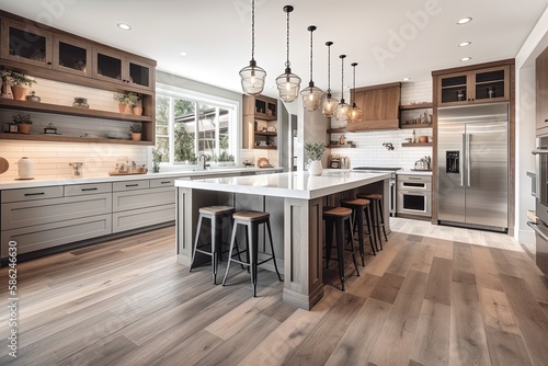 Beautiful kitchen in new luxury home with waterfall island, quartz counter tops, farmhouse sink, and hardwood floors. Generative AI