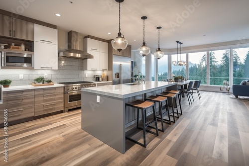 Beautiful kitchen in new luxury home with waterfall island, quartz counter tops, farmhouse sink, and hardwood floors. Generative AI