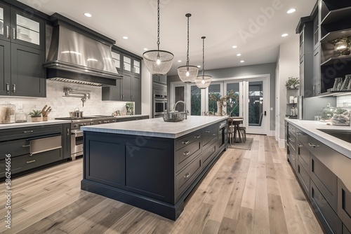 Beautiful kitchen in new luxury home with waterfall island, quartz counter tops, farmhouse sink, and hardwood floors. Generative AI