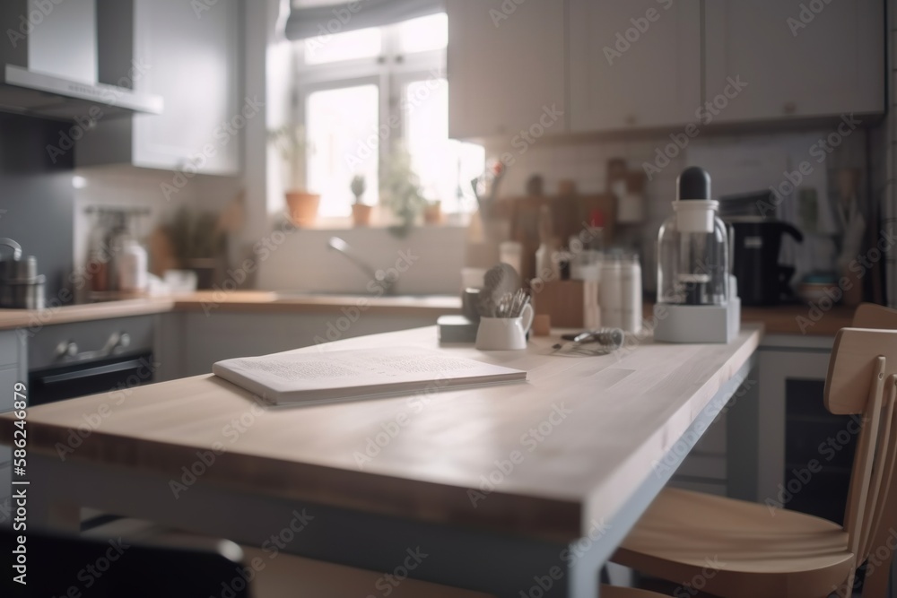blurred kitchen interior and napkin and desk space Generative AI