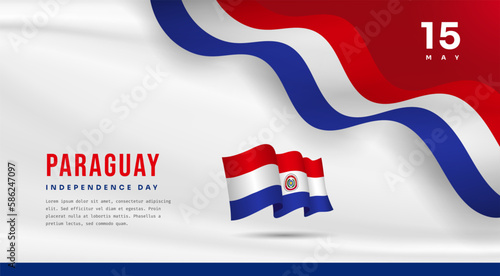 Banner illustration of Paraguay independence day celebration with text space. Waving flag and hands clenched. Vector illustration.