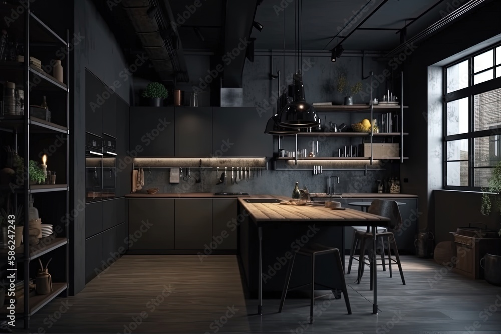 Corner view on dark kitchen room interior with grey wall Generative AI
