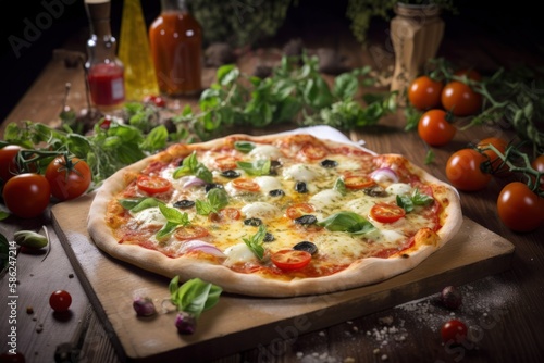 Delicious Salami Pizza on Wooden Table with Decorations