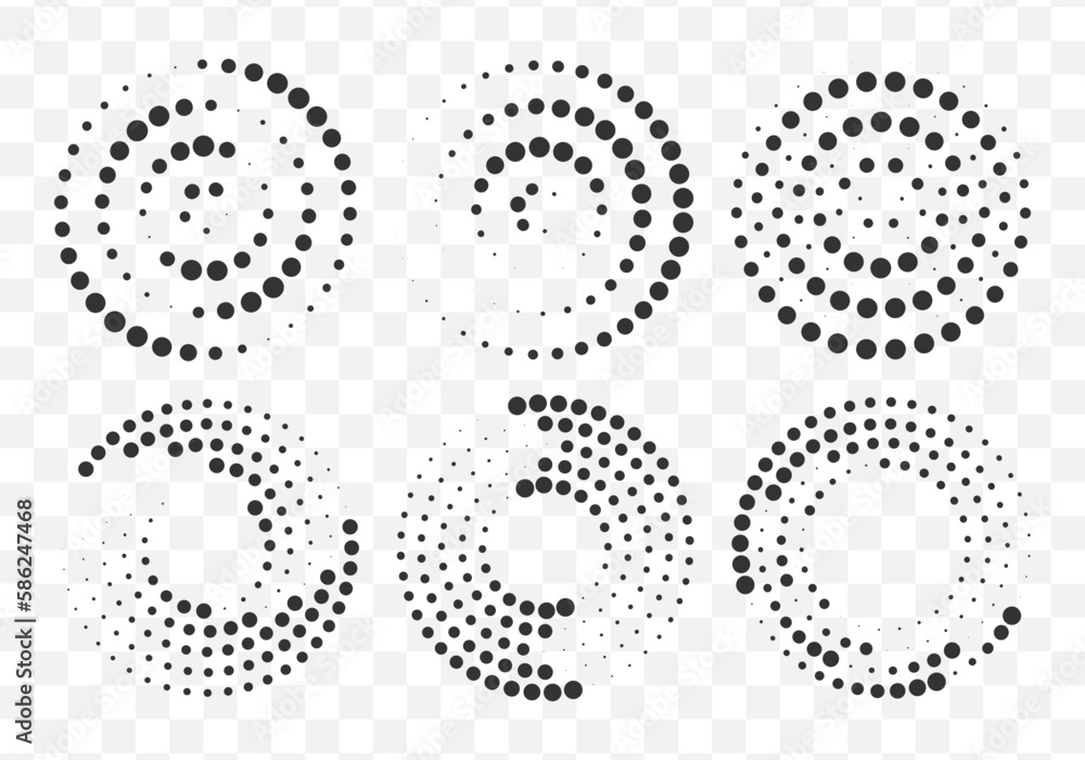 Radial speed Lines in circle form for comic books. Design element for frame, logo, tattoo, web pages, prints, posters, template, background. Set of black thick halftone dotted speed lines. Vector.