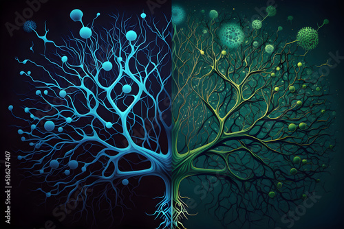 Neural network concept in the form of a brain in green and dark blue colors, Generative AI
