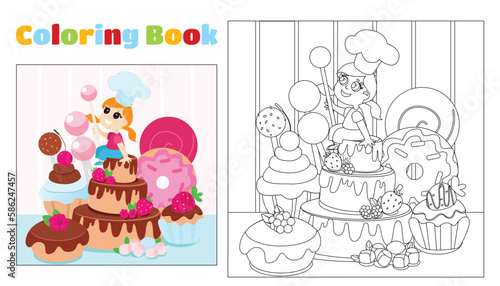 Children's coloring girl in a chef's hat sits near sweets, lollipops and a cake. Coloring page for children ages 4-11 in kindergarten and elementary school. Illustration and black and white outline. © Kateryna Polishchuk