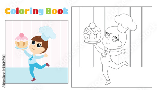 Children's coloring book, a boy in a chef's cap with a sweet cupcake in his hands.
