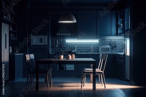 Dark kitchen room interior with four chairs dining table