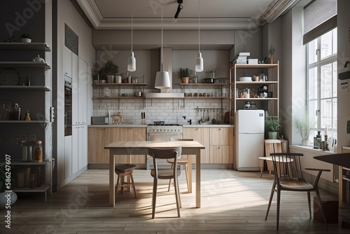 Desk of free space and kitchen interior Generative_AI