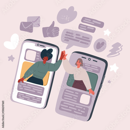 Vector illustration of Video call or mobile chat conversation. Two friends giving a high-five on smartphones in the chat messenger. Distance communications for people