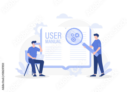 People reading guidebook, writing guidance, instruction manual. Modern vector flat illustration
