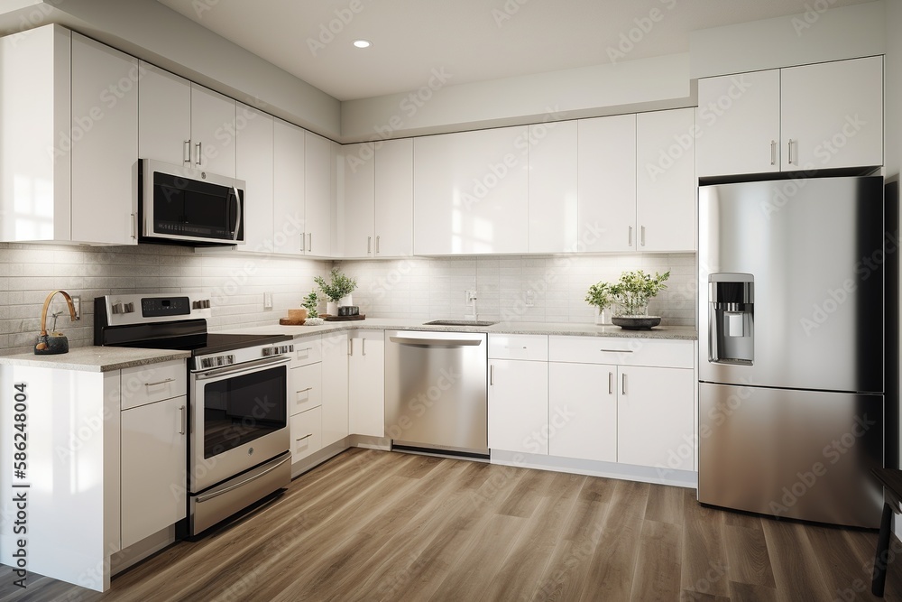 Kitchens in white new, with granite counter-tops, stove and stainless steel refrigerator. Generative AI Kitchens in white new, with granite counter-tops, stove and stainless steel refrigerator. Generative AI