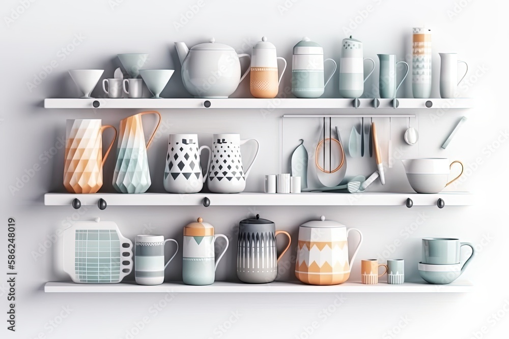Kitchenware utensils on shelf on white background. Mugs, cups, teapot, tray, decorations. Stylish modern kitchen design concept. Generative AI Kitchenware utensils on shelf on white background. Mugs, cups, teapot, tray, decorations. Stylish modern kitchen design concept. Generative AI