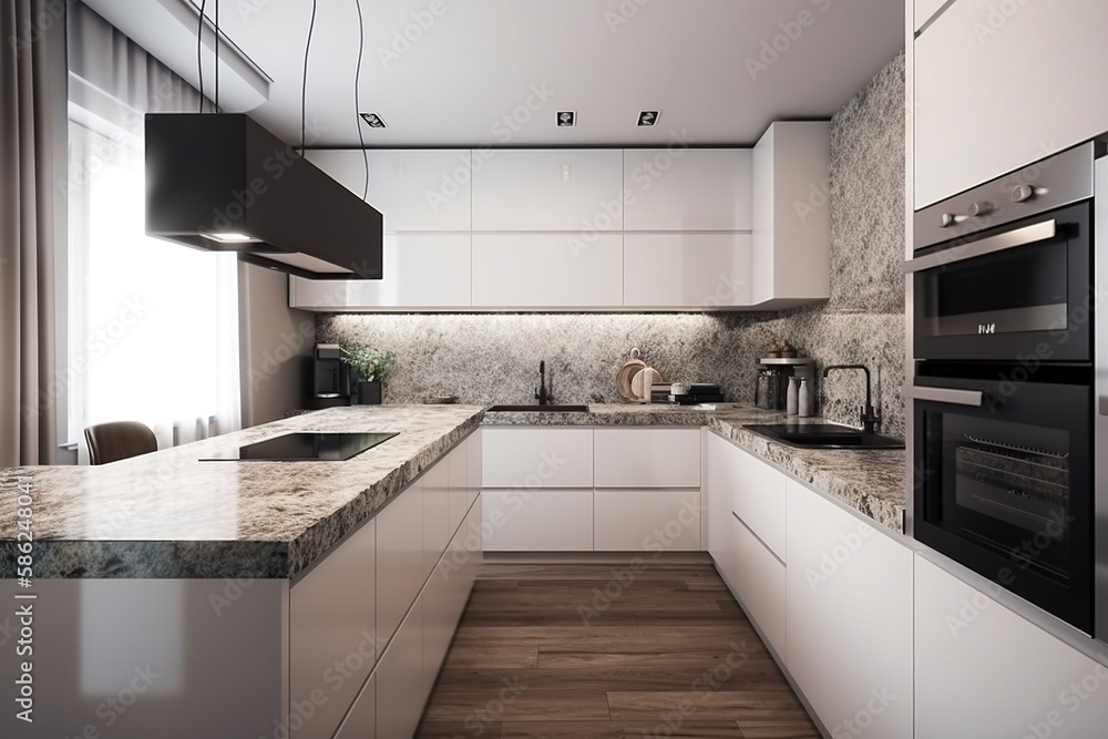 Kitchens in white new, with granite counter-tops, stove and stainless steel refrigerator. Generative AI Kitchens in white new, with granite counter-tops, stove and stainless steel refrigerator. Generative AI