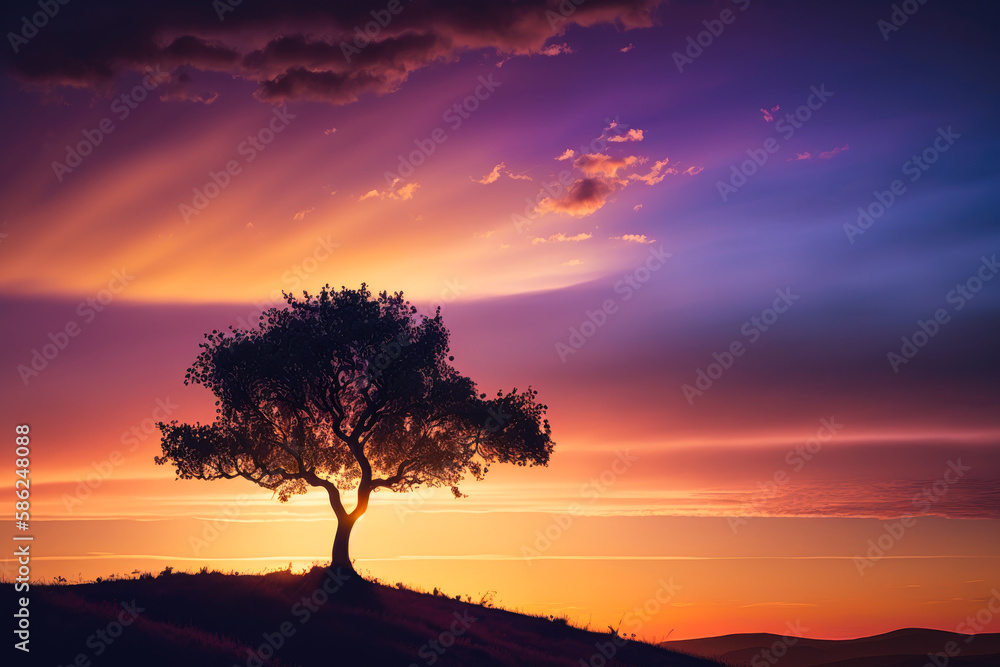 A lone tree standing on a hill against a colorful sunset sky - Generative AI
