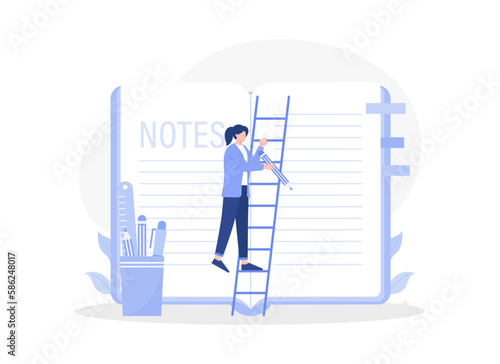 Woman writing important notes in notebook. Modern vector flat illustration