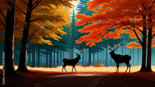 Silhouette of a deer in an autumn forest, generative AI