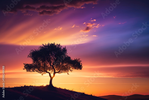 A lone tree standing on a hill against a colorful sunset sky - Generative AI © Florian