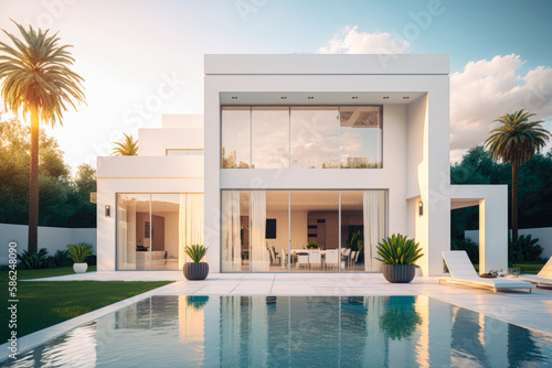 A modern white villa with a swimming pool and palm trees in the front yard, elegant, spacious, sunny, inviting, stylish - Generative AI
