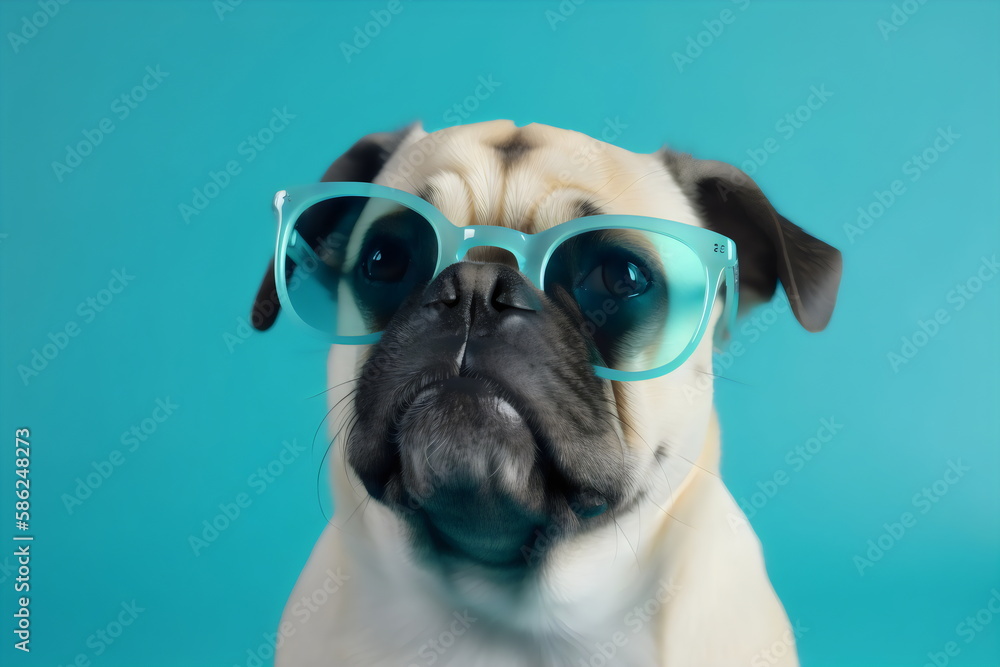 pug dog wearing sunglasses isolated on blue studio background, made with generative ai