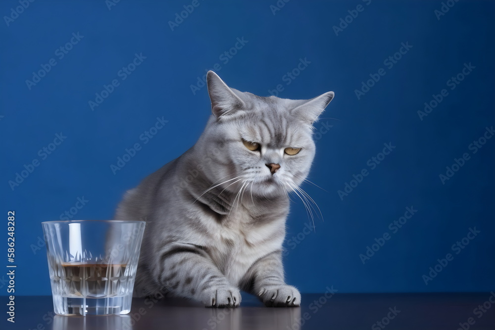 drunk cat next to glass of booze isolated on blue studio background, made with generative ai