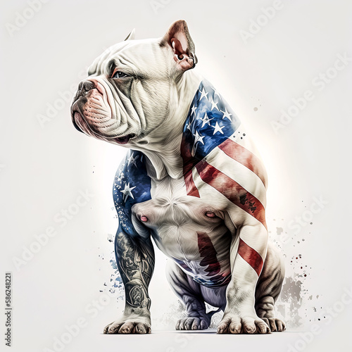 Proud to be American: Patriotic American Bully with USA Flag. AI Generated photo