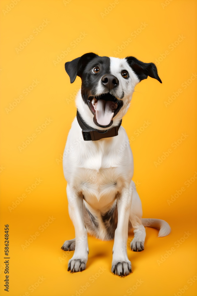 happy black and white sitting dog isolated on yellow studio background, made with generative ai